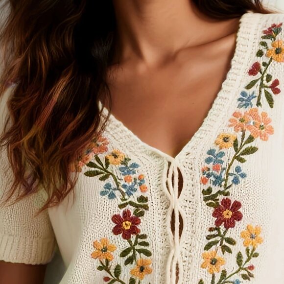Floral Embroidered Short Sleeve Sweater - Picture 2 of 4